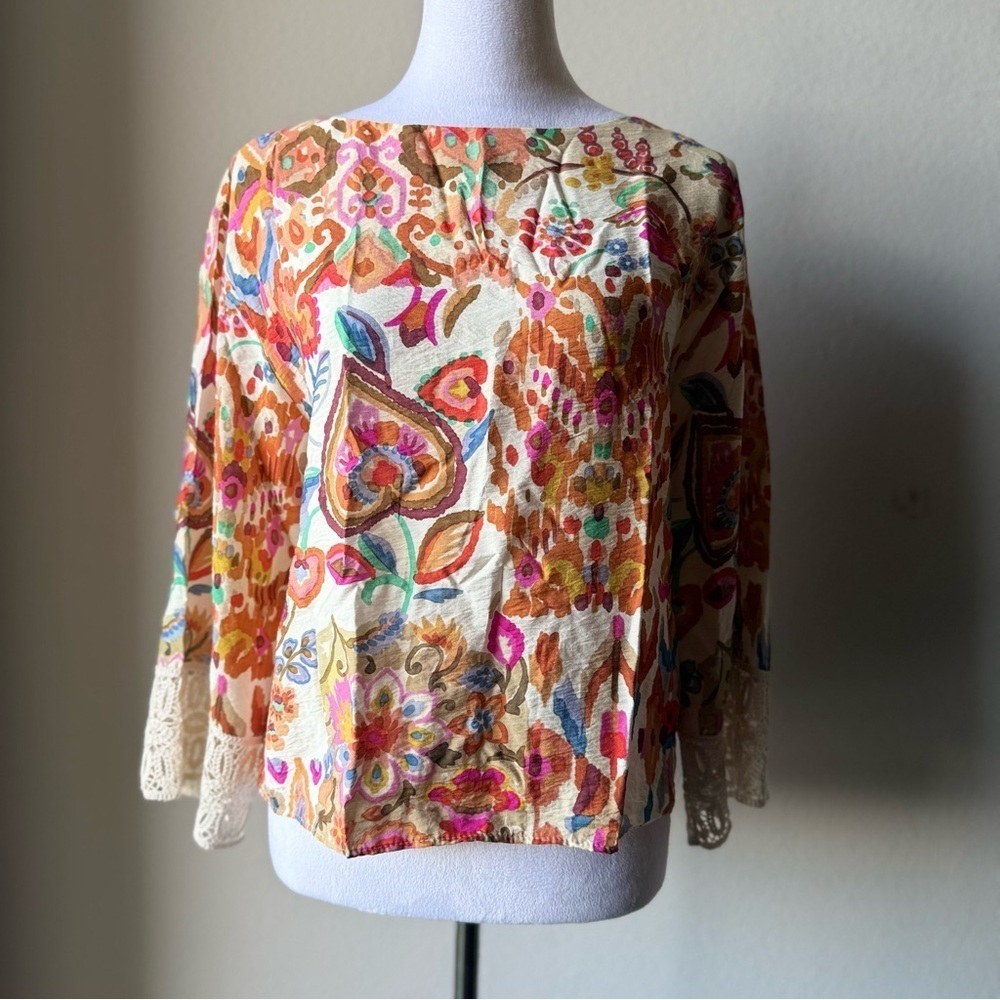 ZARA Boho Floral Print Blouse XS | Multicolor‎ 3/4 Sleeve Top with Lace Trim